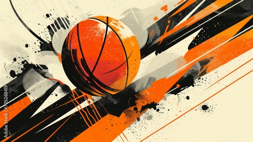 Convey the excitement of basketball, with abstract shapes suggesting movement and competition, using bold oranges and blacks photo