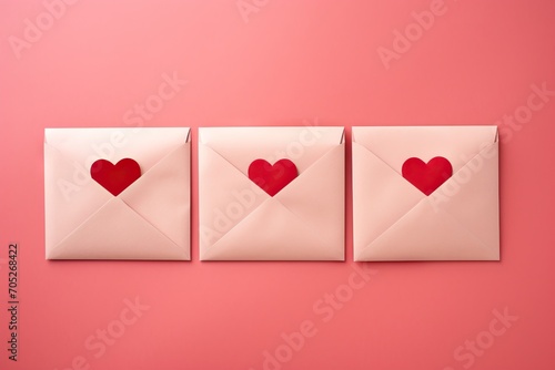 Paper envelope with red hearts on light pink background. Romantic love letters for the Valentine\'s day. Letter card, wedding invitation. Love concept