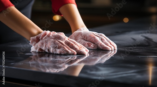 gloved hands cleaning surface with foam photo