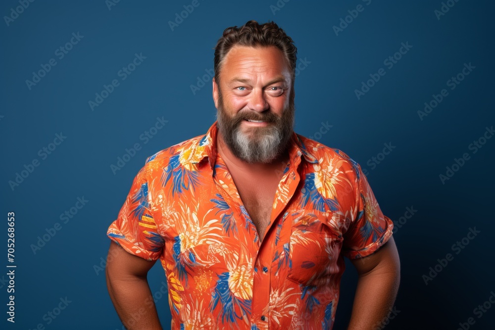 Handsome man with summer shirt making funny face on blue background Handsome man with summer shirt making funny face on blue background