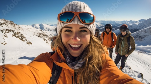 Happy Friends Skiing in Snowy Mountains