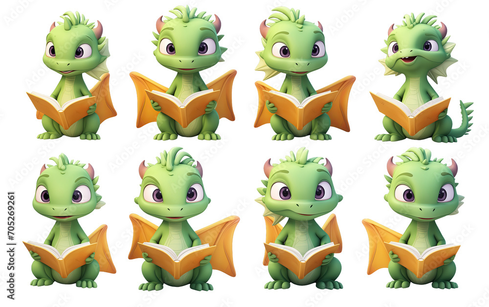 Fototapeta premium Set of Cute Dragons Reading a Book - Whimsical Delight on a Transparent background