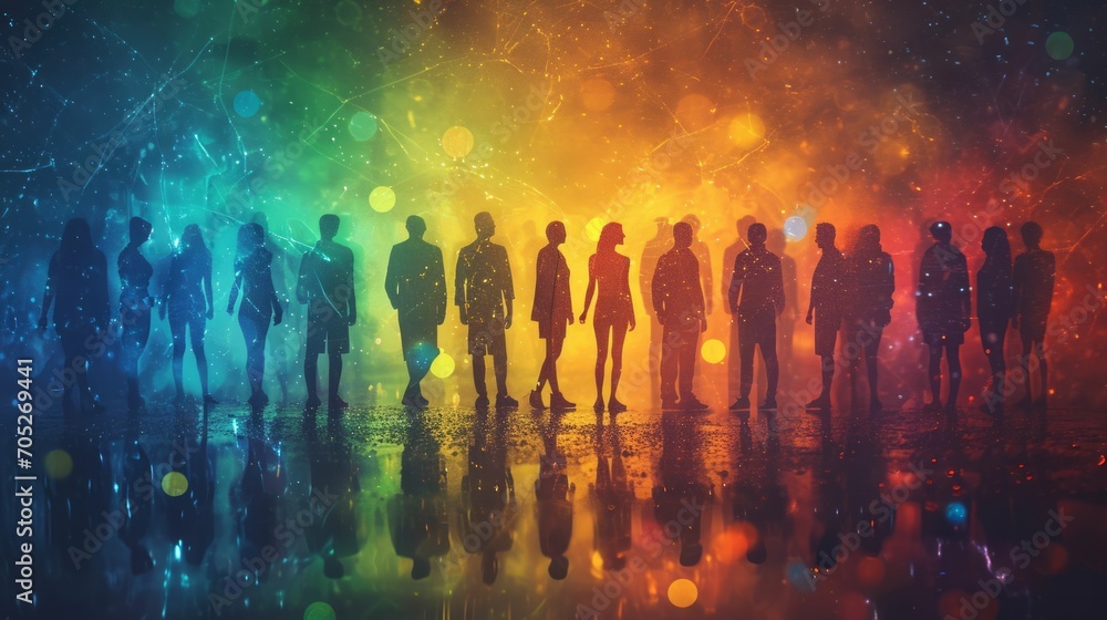 Silhouettes of individuals connected by glowing, colorful threads against a serene backdrop Silhouettes of individuals connected by glowing, colorful threads against a serene backdrop
