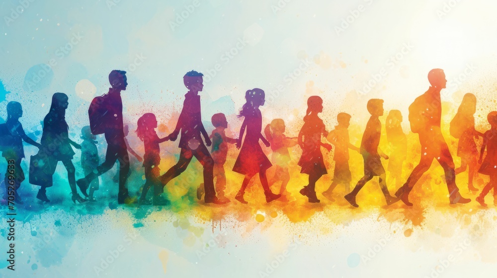 Silhouettes of people of all ages from children to seniors, interconnected with vibrant, healthy life energy flowing between them, representing community health Silhouettes of people of all ages from children to seniors, interconnected with vibrant, healthy life energy flowing between them, representing community health