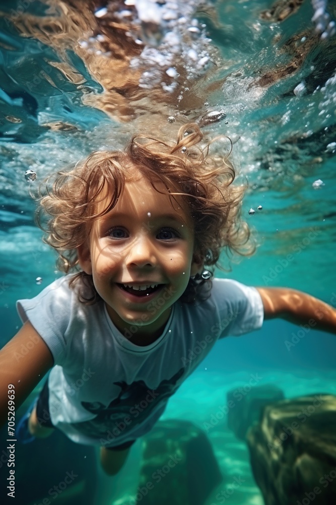 Little Boy Swimming Underwater