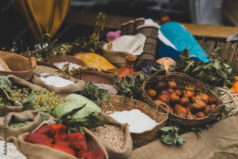 Puesto artesanal de especias y comida medieval