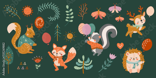 Cute forest animals with balloons. Bright vector illustration in hand-drawn style. Deer, squirrel, skunk, hedgehog and fox in cartoon flat style. Collection for postcards, banners, posters, print. Set