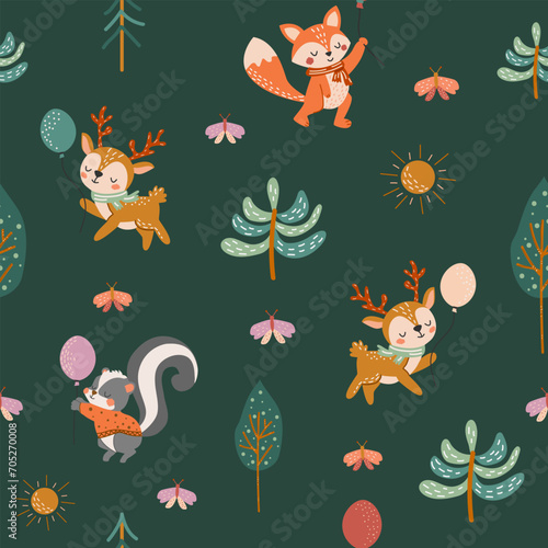 Cute woodland animals seamless pattern. Baby pattern for fabric. Deer, squirrel, fox, skunk, trees. Interesting print for fabric, children's room. Nursery pattern in flat cartoon style. Green bg.