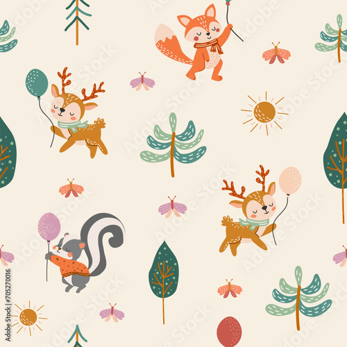 Cute forest animals seamless pattern. Baby pattern for fabric. Deer, squirrel, fox, skunk, trees. Creative print for fabric, children's room. Nursery pattern in flat cartoon style. 