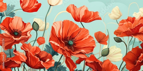 Bright red poppy flowers on a light background  seamless texture. Beautiful flowers. Generative AI