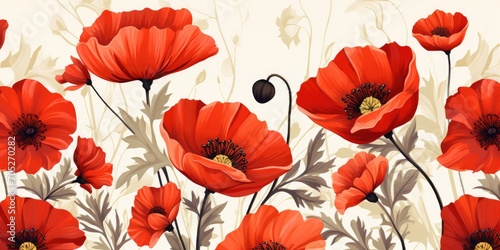 Bright red poppy flowers on a light background  seamless texture. Beautiful flowers. Generative AI