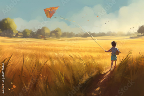 Illustration of a child playing with a kite in a field