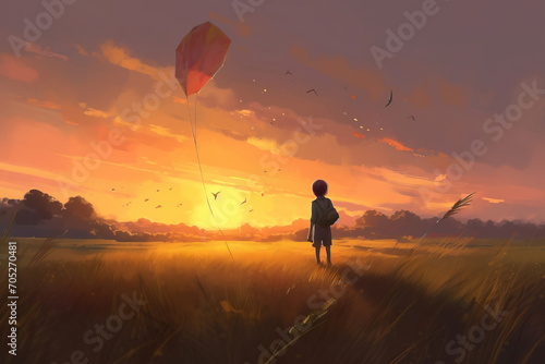 Illustration of a child playing with a kite in a field