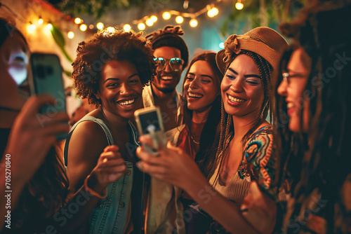 Group of friends taking selfies with mobile phone at a party. 