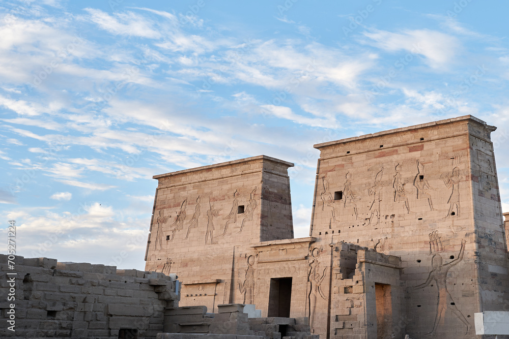 The ancient and historical Philae Temples complex in Aswan, which was built by the ancient Egyptian pharaohs. It was built during the third century BC. it built to worship the goddess The ancient and historical Philae Temples complex in Aswan, which was built by the ancient Egyptian pharaohs. It was built during the third century BC. it built to worship the goddess