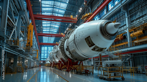 Aerospace professionals working on the intricate details of rocket's construction