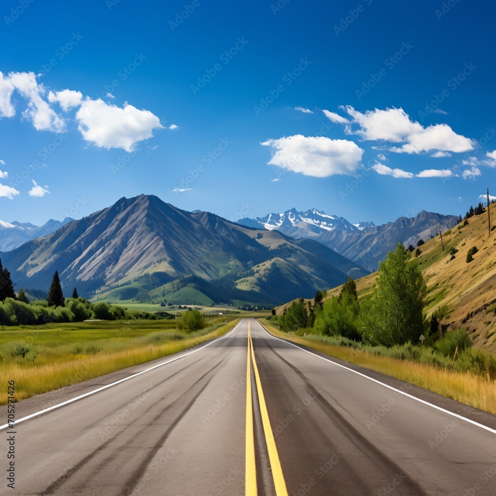 Naklejka premium Scenic view of an empty asphalt road through a valley towards snow-capped mountains