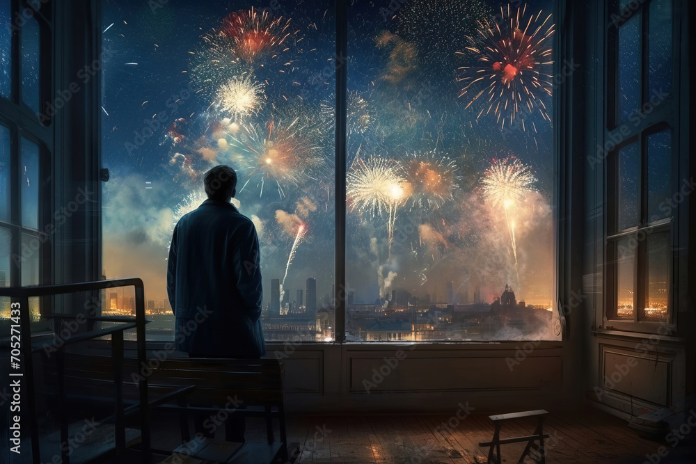 man watching fireworks at the end of the year