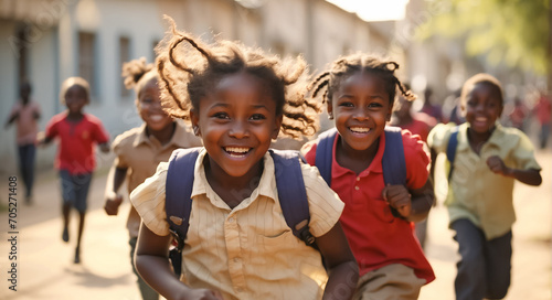 happy african american schoolchildren running through the school yard emotions