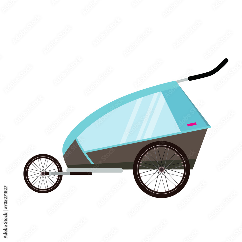 Fototapeta premium Blue bike trailer for kids isolated on white background. Vector illustration in flat style.