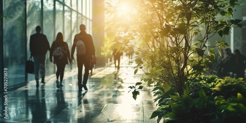 People walking in an office building with trees and sunlight