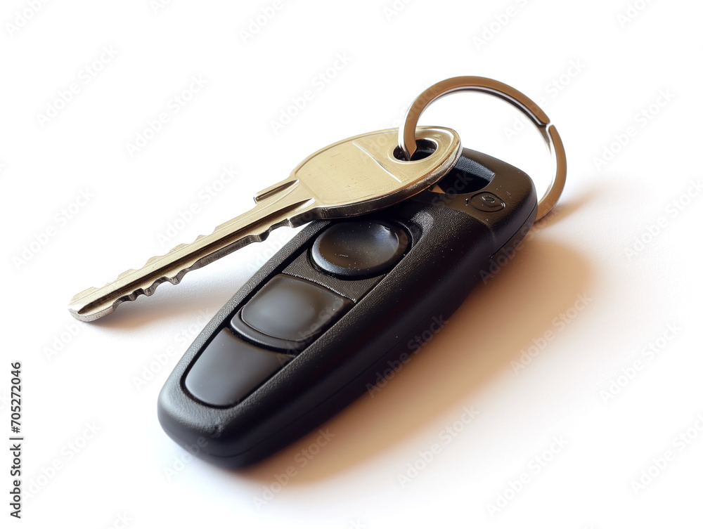 A brand-new car key was captured in a photo against a white backdrop A brand-new car key was captured in a photo against a white backdrop