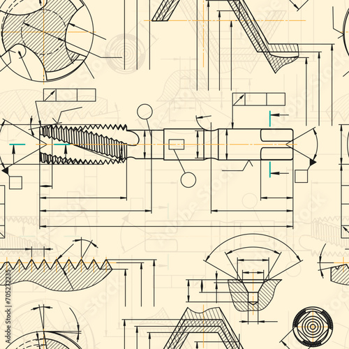 Mechanical engineering drawings on sepia background. Tap tools, borer. Technical Design. Cover. Blueprint. Seamless pattern. Vector illustration.