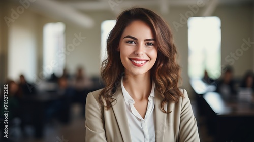 A woman standing in a classroom with a smile on her face.