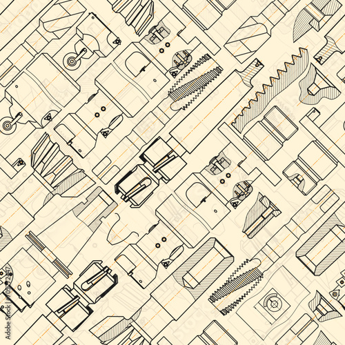 Mechanical engineering drawings on sepia background. Tap tools, borer. Technical Design. Cover. Blueprint. Seamless pattern. Vector illustration.