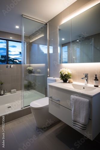 Modern bathroom interior with large shower and freestanding bathtub