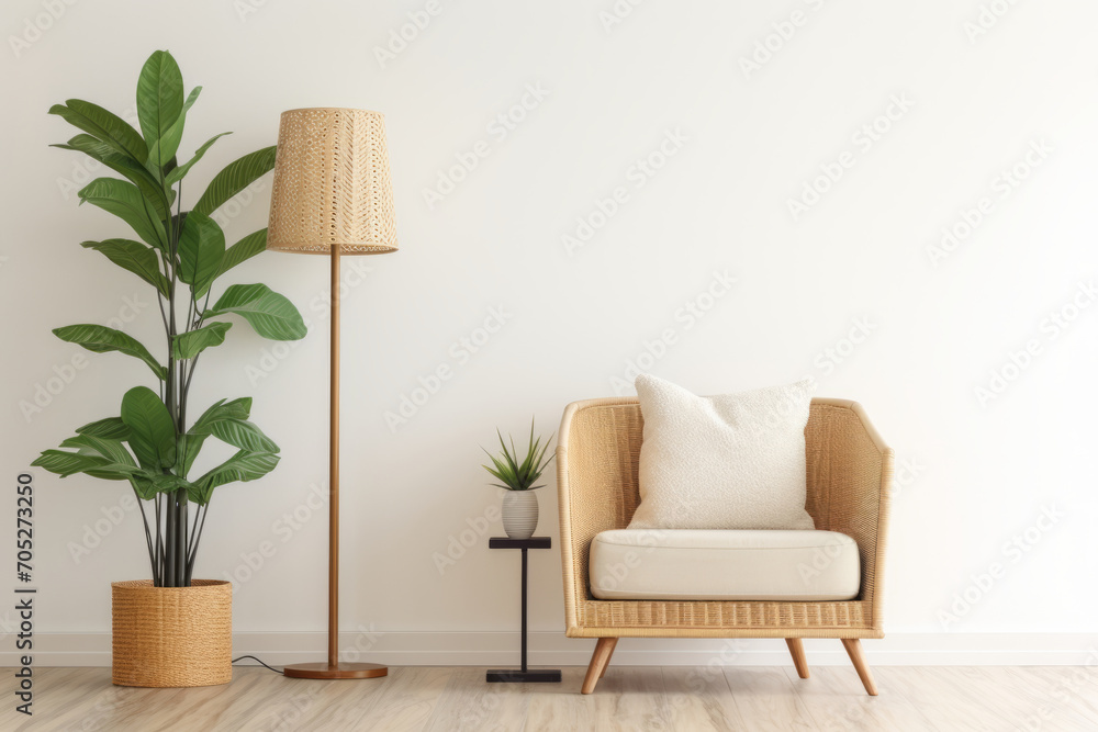 Obraz na płótnie Rattan armchair and floor lamp in living room interior with plants. Generative AI w salonie