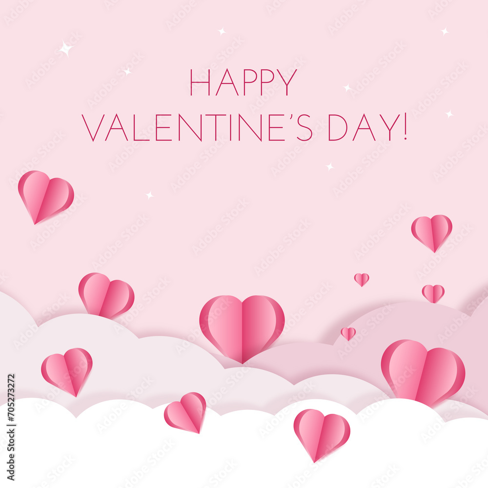 Valentine's Day card with pink background and paper cut hearts. Place for text editable. Happy Valentine's day  template with hearts, banner, cover, poster, flyer. pink color, pastel