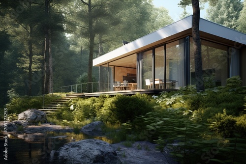 Modern Glass House in the Woods © duyina1990