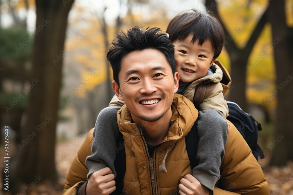 Happy Asian father carrying his son on his back in the park - obrazy, fototapety, plakaty 