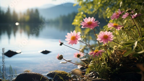 In front of a lake, there are pink flowers and a pink flower in the foreground