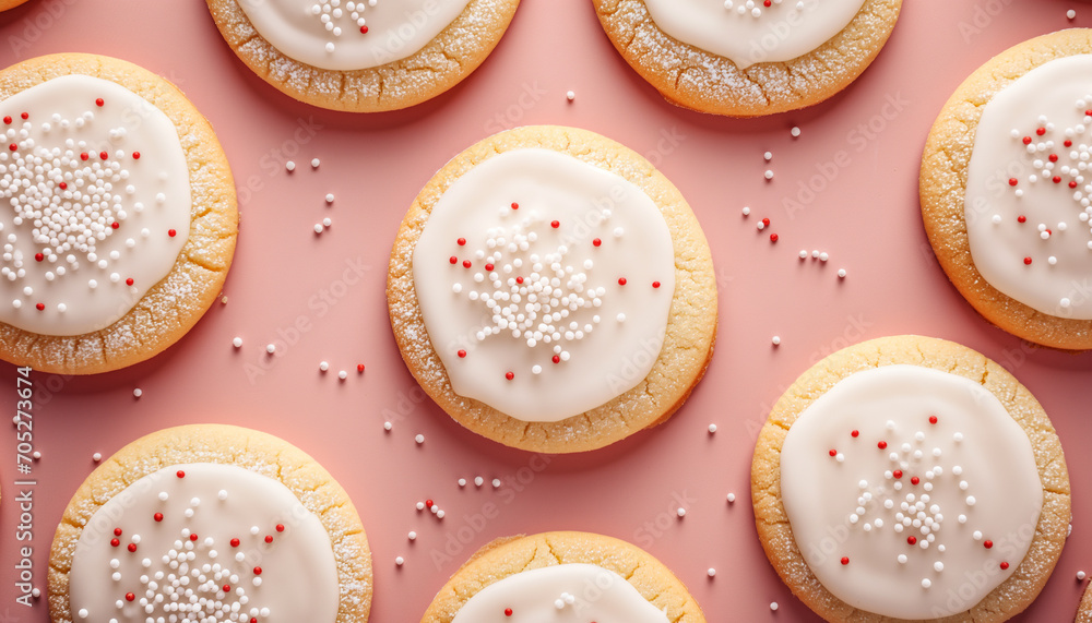 round cookies with white cream and sprinkles on top, view from above round cookies with white cream and sprinkles on top, view from above