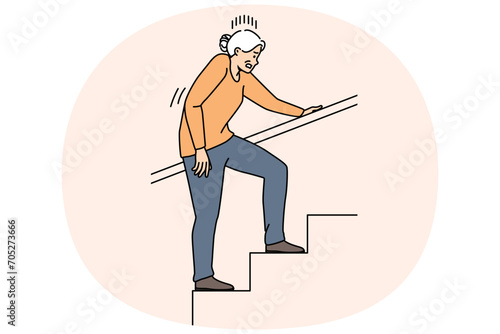 Unhealthy elderly woman walking upstairs suffer from pain or ache. Unwell mature grandmother struggle climbing staircase indoors. Vector illustration.