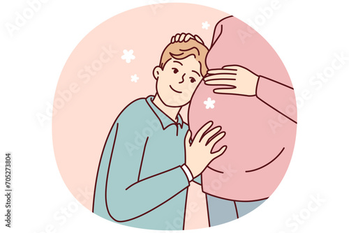 Boy teenager lean against belly of pregnant mother listens to heartbeat of unborn child. Loving son hugs mom in anticipation of appearance of younger brother or sister. Flat vector illustration