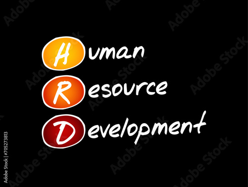 HRD Human Resource Development - improving the effectiveness of organizations and the individuals and teams, acronym text concept background