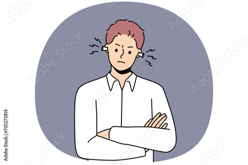 Furious young man with earplugs suffer from noisy neighbors or colleagues. Unhappy mad male with ear plugs struggle with noise or sound. Vector illustration.