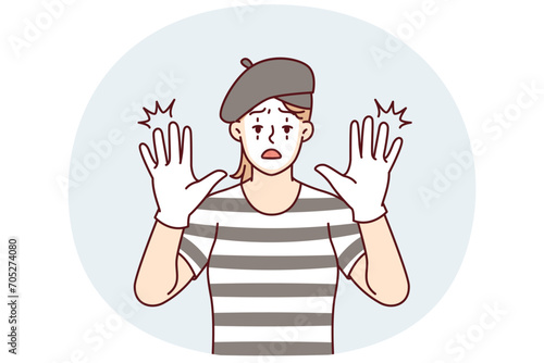 Funny woman clown with white face entertains people by acting as mime and leaning on invisible glass. Girl theater or circus actor stretches out palms to screen to cheer people up. Flat vector design