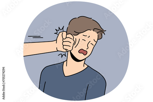 Hand punching unhappy young man in face. Stressed desperate guy get punched in fight or argument. Physical strength and violence. Vector illustration.