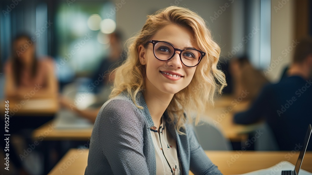 The young blonde female teacher is smiling while sitting at her desk in ...
