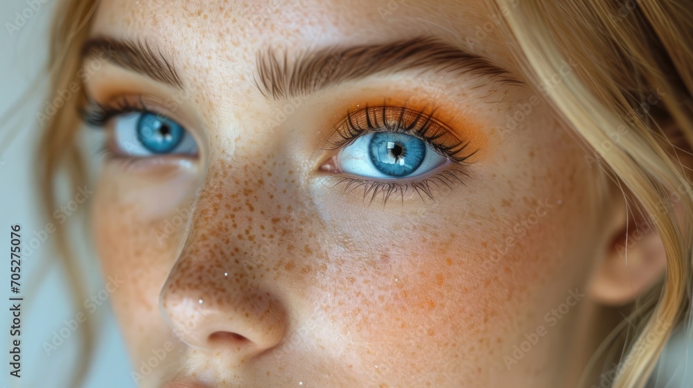 Fototapeta premium A woman with freckles and beautiful blue eyes is facing one direction, close up portrait