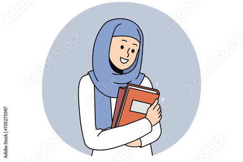 Smiling young Arabic woman in hijab holding books excited about college education. Happy arab girl in headwear posing with textbooks. Vector illustration.