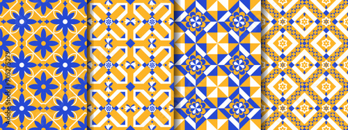 Set of 4 seamless patterns in the style of Portuguese tiles made in bright blue and yellow colors