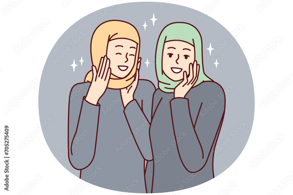 Happy ethnic muslim women with headscarves covering hair smiling. Arabian girls dressed in Islamic clothes and headdresses experience joy and satisfaction with life. Flat vector illustration Happy ethnic muslim women with headscarves covering hair smiling. Arabian girls dressed in Islamic clothes and headdresses experience joy and satisfaction with life. Flat vector illustration