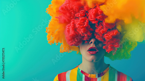 The vibrant, outrageous character is adorned with bright make-up and a cheerful expression.