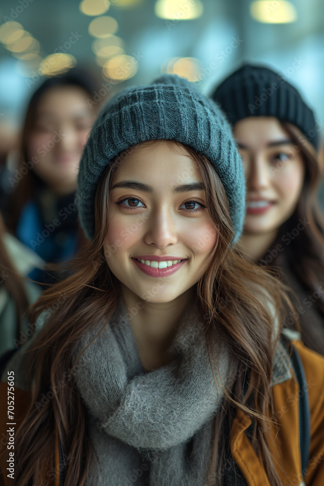 Returning to school, a young Asian woman in a vibrant coat and scarf smiles, the essence of student life and winter style. Returning to school, a young Asian woman in a vibrant coat and scarf smiles, the essence of student life and winter style.