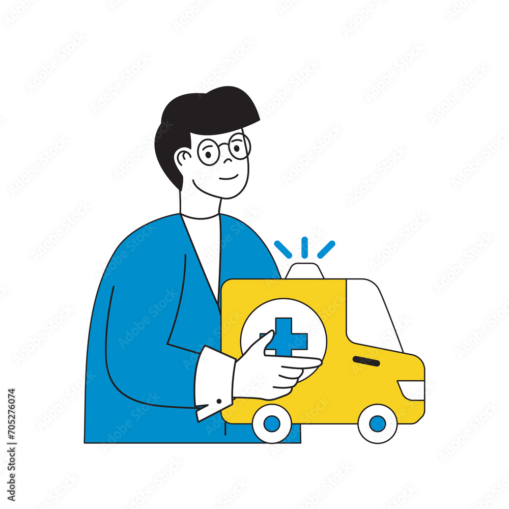 Medical concept with cartoon people in flat design for web. Man works as paramedic in ambulance car and helping patients at homes. Vector illustration for social media banner, marketing material. Medical concept with cartoon people in flat design for web. Man works as paramedic in ambulance car and helping patients at homes. Vector illustration for social media banner, marketing material.